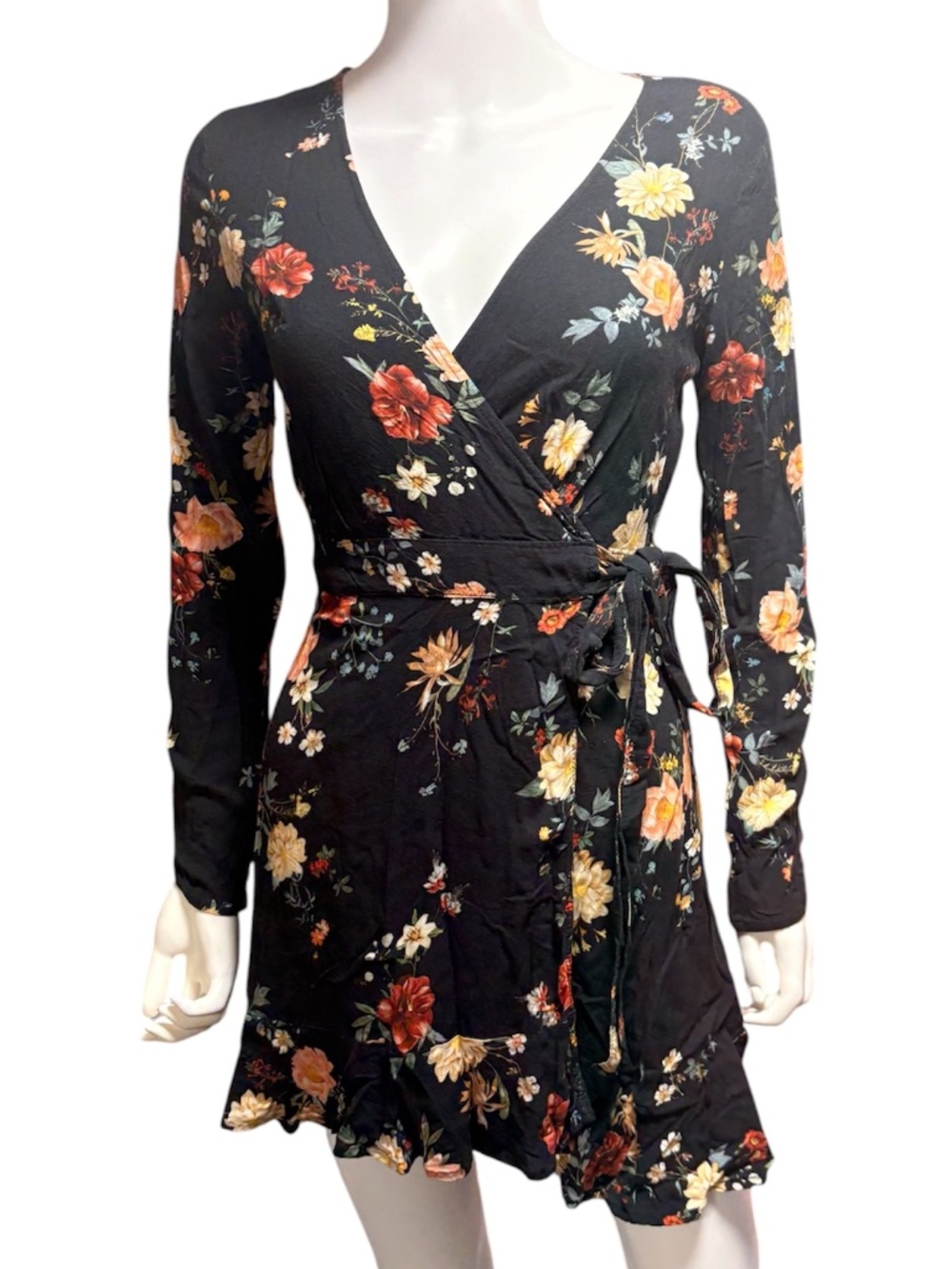 FARM Rio Black Floral Wrap Dress - S